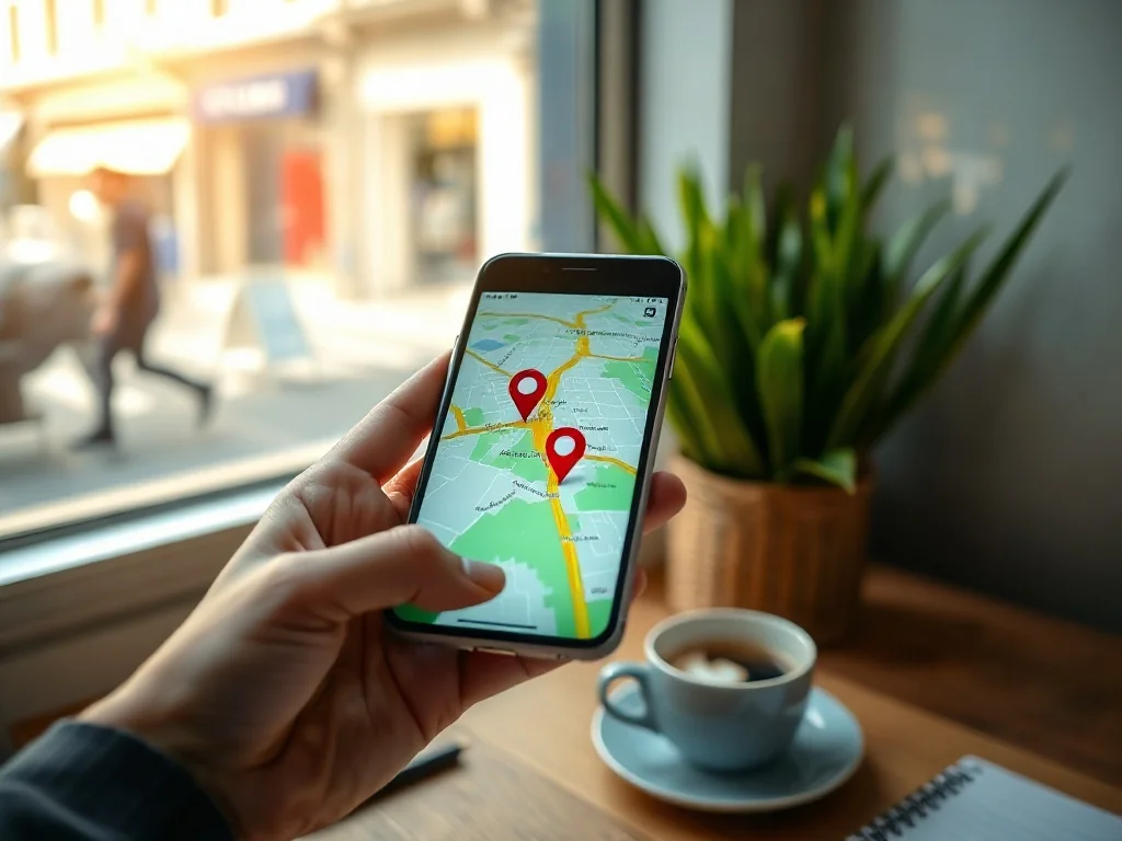 Smartfon z mapą Google i wyróżnioną pinezką lokalnej firmy na biurku w jasnym, nowoczesnym otoczeniu