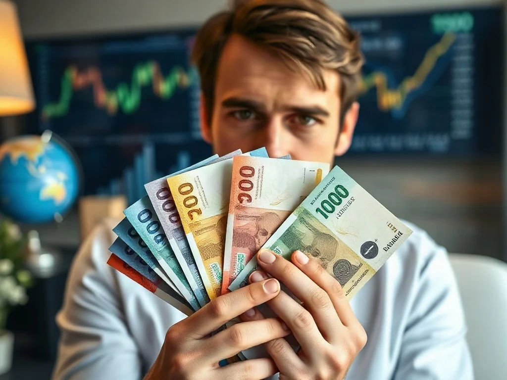 Mężczyzna trzymający w dłoniach różnorodne banknoty międzynarodowe na tle biurowego wnętrza z wykresami finansowymi.