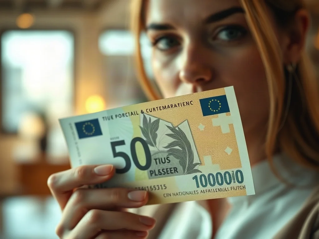 Zbliżenie na banknot trzymany w dłoni, eksponujące jego fakturę oraz unikalny numer seryjny.