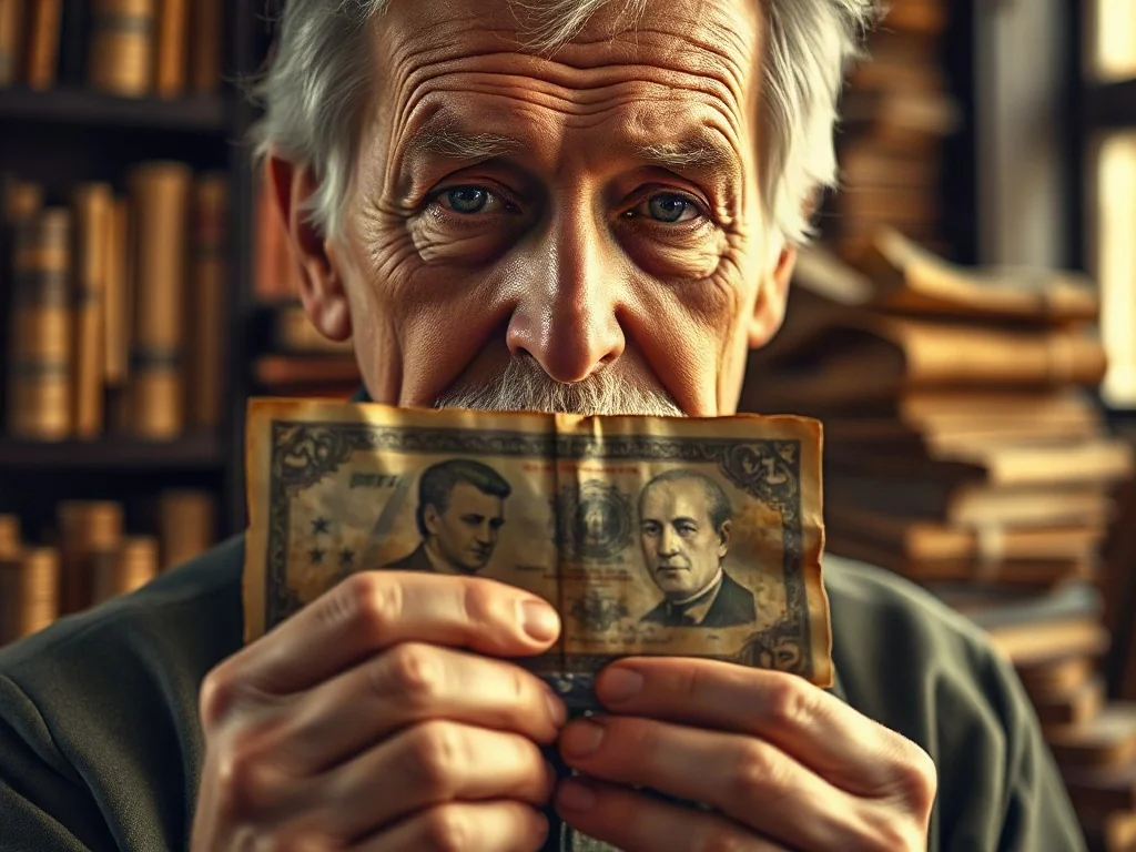 Starszy mężczyzna trzyma w dłoniach zabytkowy banknot na tle biblioteki z historycznymi monetami i dokumentami.