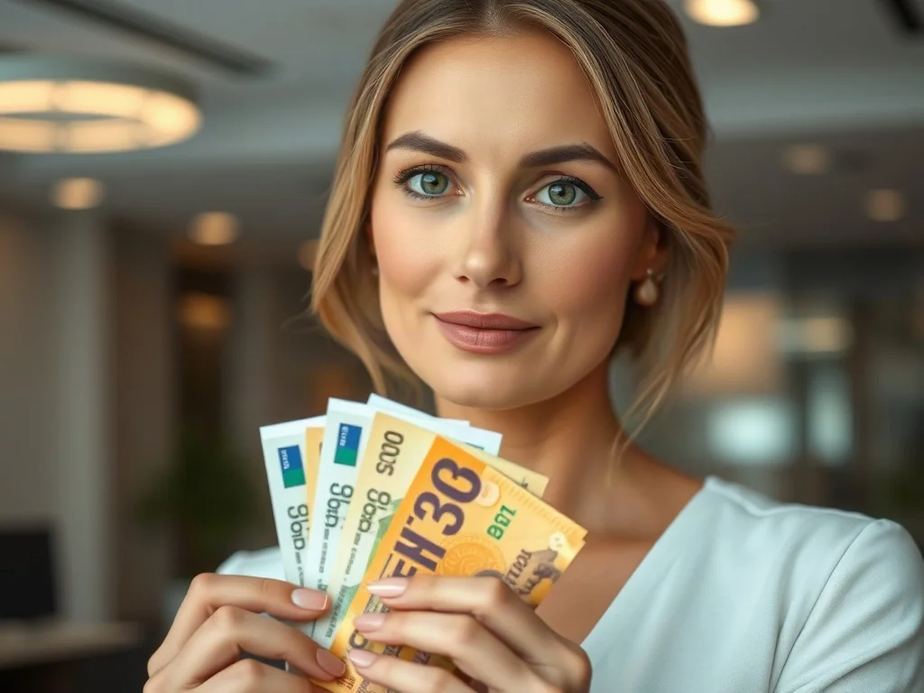Kobieta porównująca stare i nowe banknoty w nowoczesnym biurze, ilustrująca proces denominacji waluty.