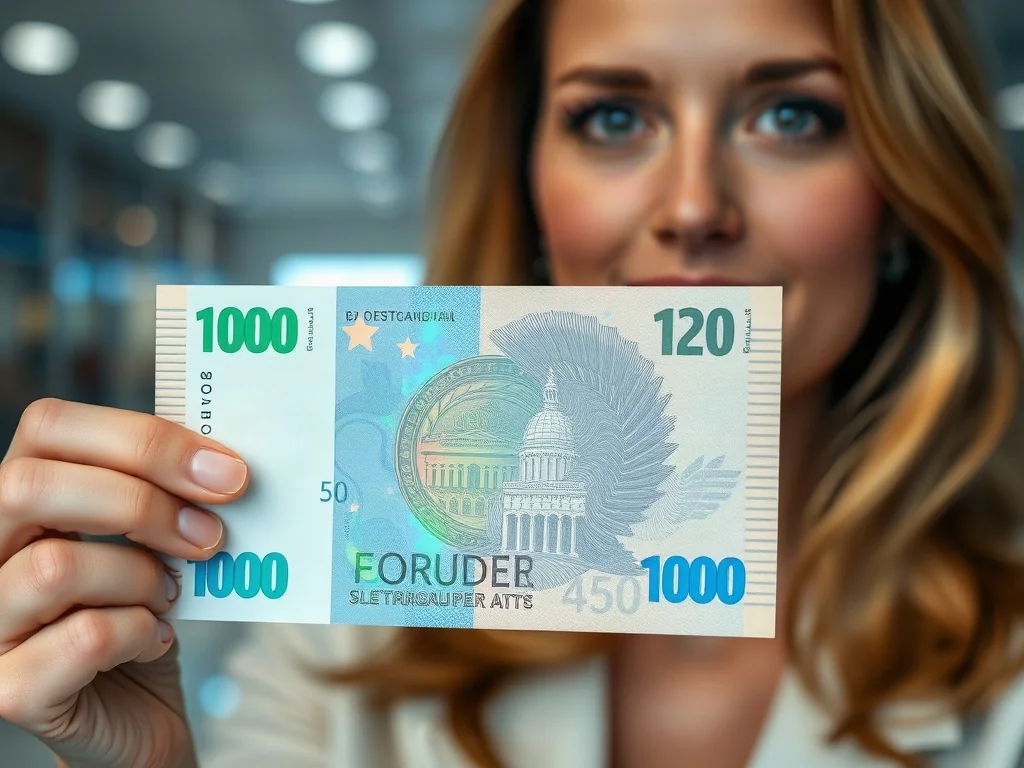 Dłoń trzymająca nowoczesny banknot polimerowy z widocznymi holograficznymi zabezpieczeniami na tle wnętrza banku.