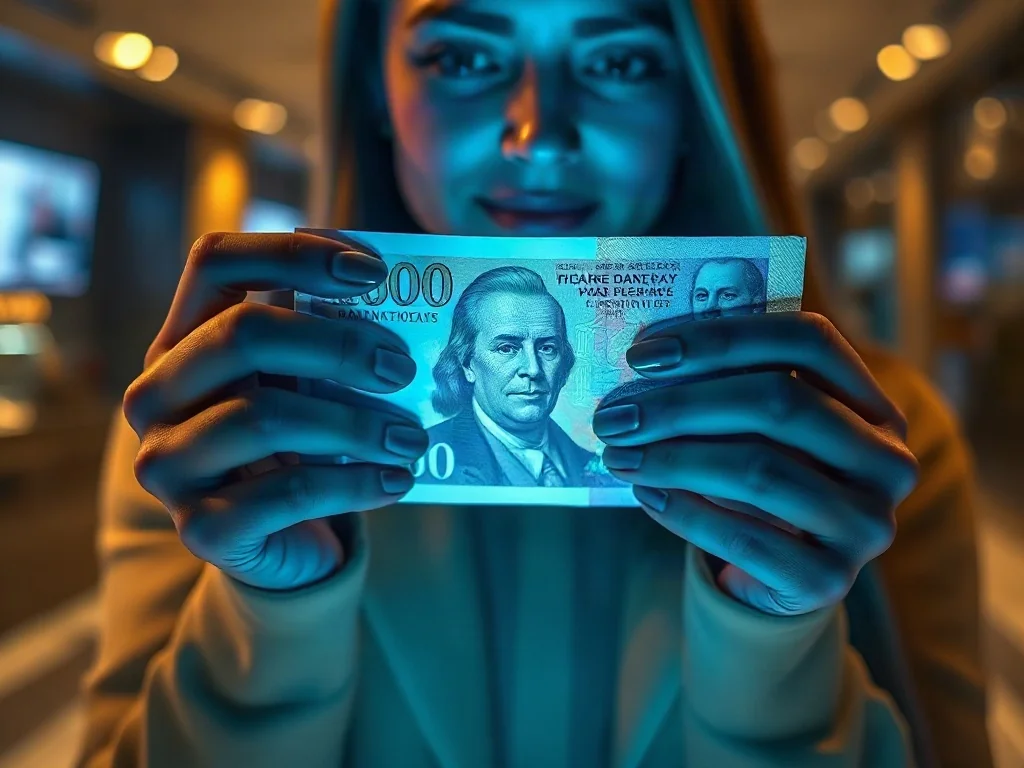 Dłonie trzymające banknot w świetle UV, ukazujące świecące zabezpieczenia i znaki wodne w celu weryfikacji autentyczności.