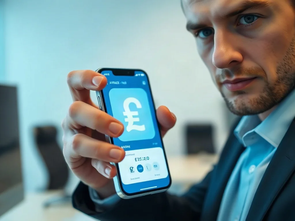 Mężczyzna trzymający smartfon z aplikacją finansową, na której widoczne są symbole walut.