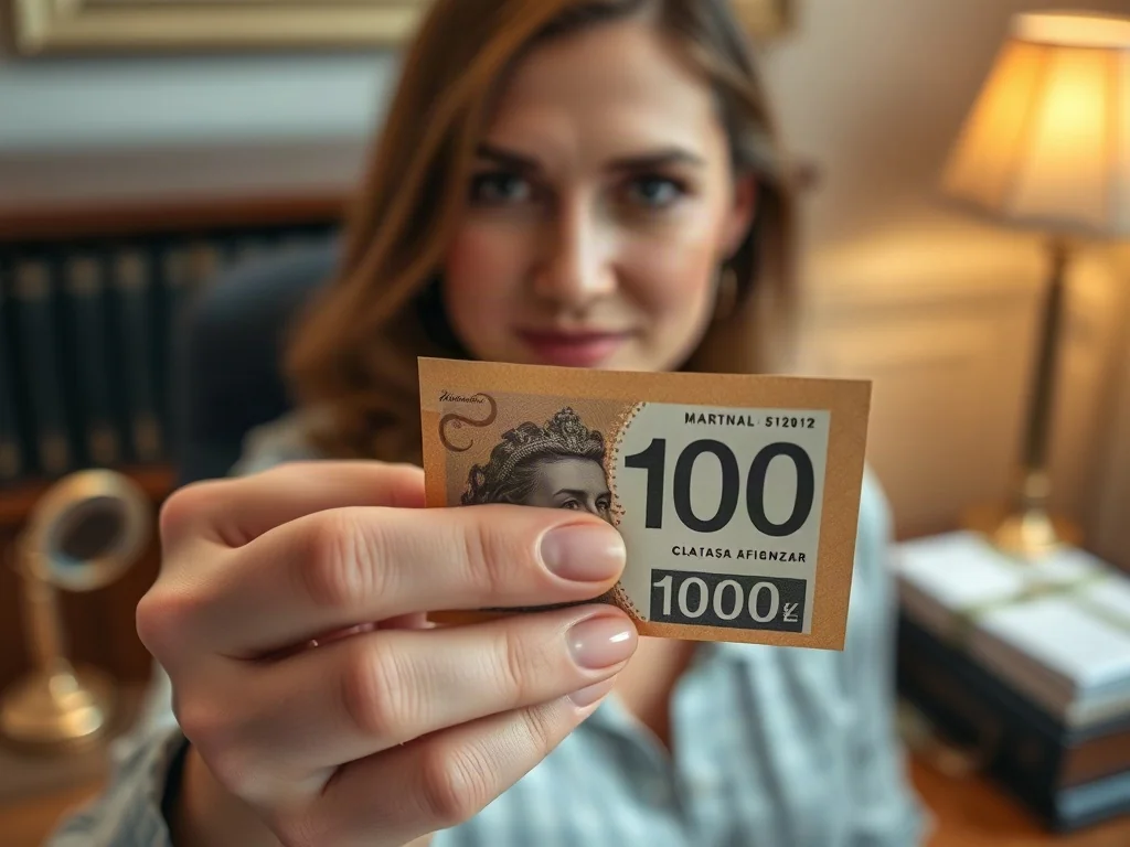 Dłoń trzymająca banknot z wyraźnie widocznym numerem seryjnym na tle biurka z lupą.
