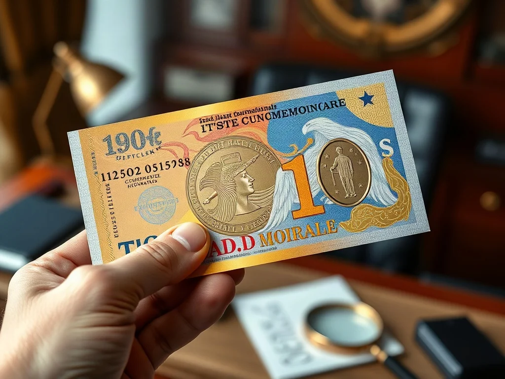 Zbliżenie na kolekcjonerski banknot z wyraźnymi detalami holograficznymi i metalicznymi, trzymany w dłoni przy biurku.