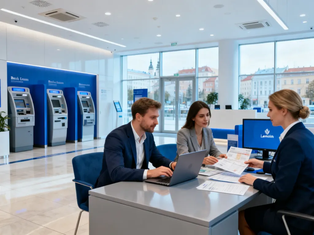 Klient i doradca bankowy w nowoczesnym oddziale w Lublinie omawiają ofertę usług finansowych, no text on the picture